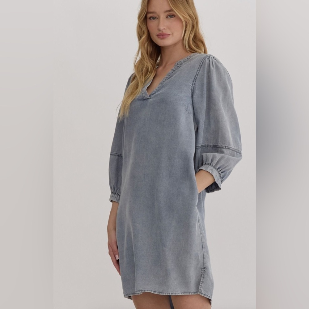 entro Washed Blue V-Neck Mini Dress